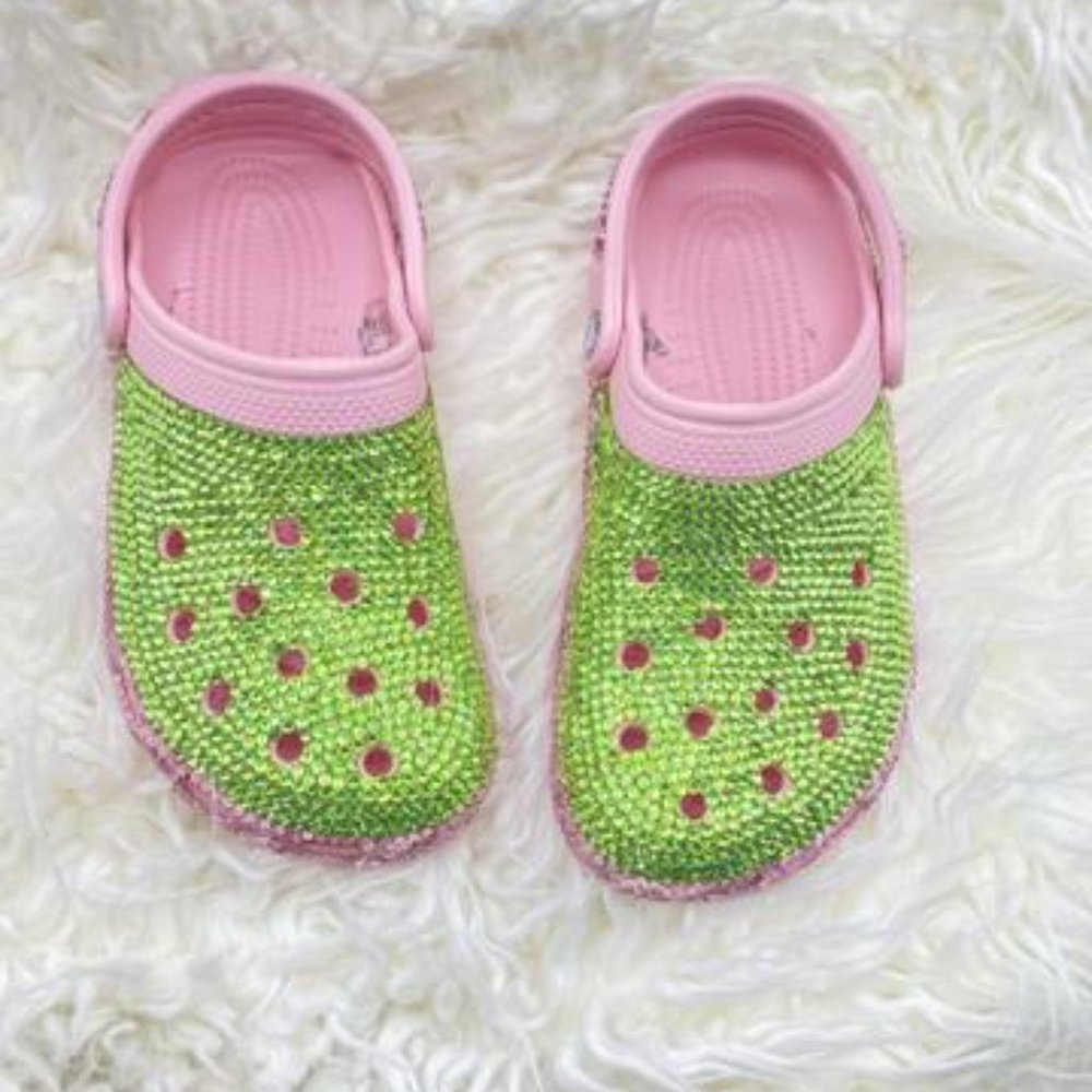 Bling Green Rhinestones Studded Customized Pink Clogs Adults - Picture 8 of 9